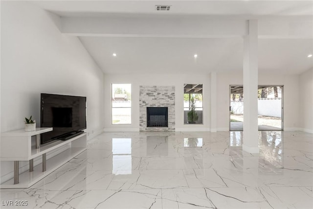 3826 Edmund St, Las Vegas, NV 89103 - unfurnished living room with a fireplace, marble tiled floors, and recessed lighting