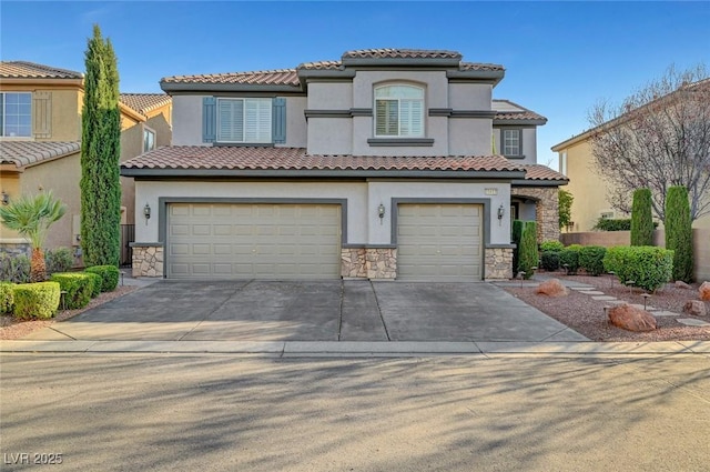 11417 Rock Cove Way, Las Vegas, NV 89141 - mediterranean / spanish-style house featuring stone siding, concrete driveway, stucco siding, and an attached garage