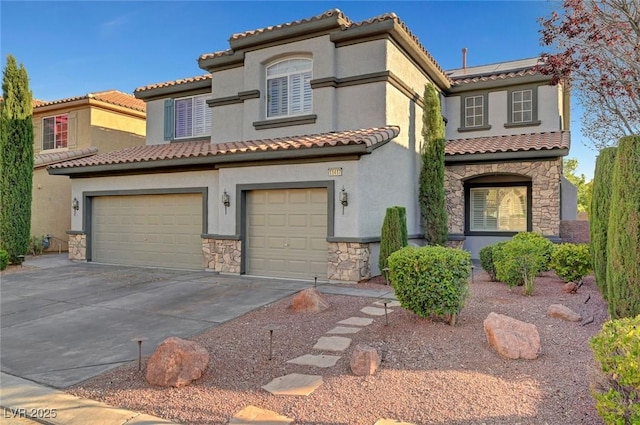 11417 Rock Cove Way, Las Vegas, NV 89141 - mediterranean / spanish-style house featuring stone siding, driveway, roof mounted solar panels, and stucco siding