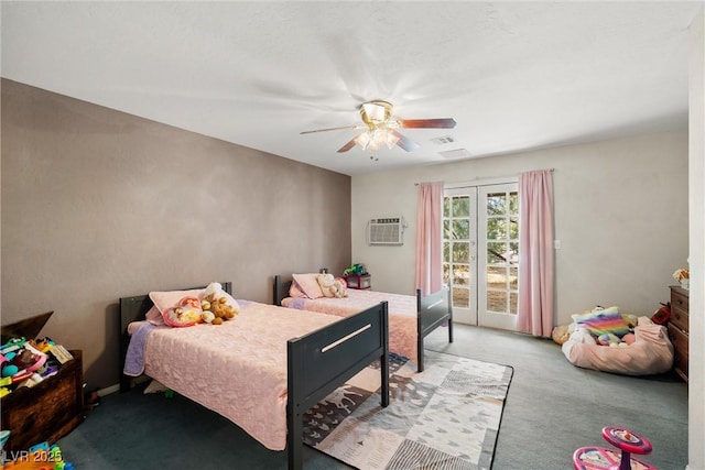 3951 W Blosser Ranch Rd, Pahrump, NV 89060 - bedroom featuring light colored carpet, access to exterior, a wall unit AC, and ceiling fan