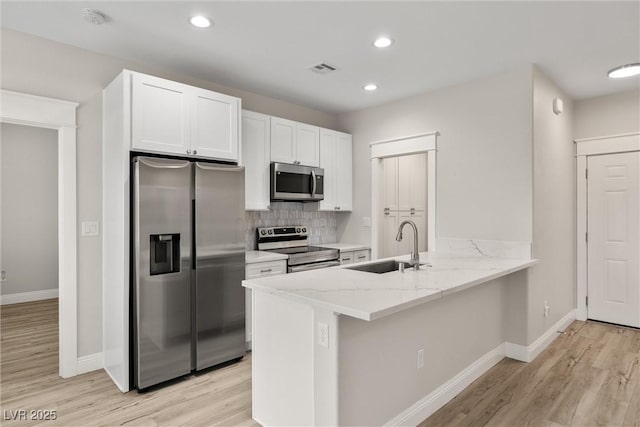 2120 Upland Ave, Pahrump, NV 89048 - kitchen with appliances with stainless steel finishes, light wood finished floors, white cabinets, a peninsula, and light stone counters