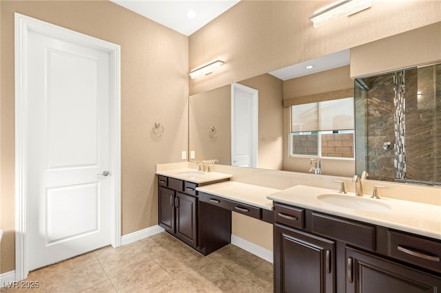 2116 Canvas Edge Dr, Henderson, NV 89044 - full bathroom with double vanity, tiled shower, and tile patterned floors