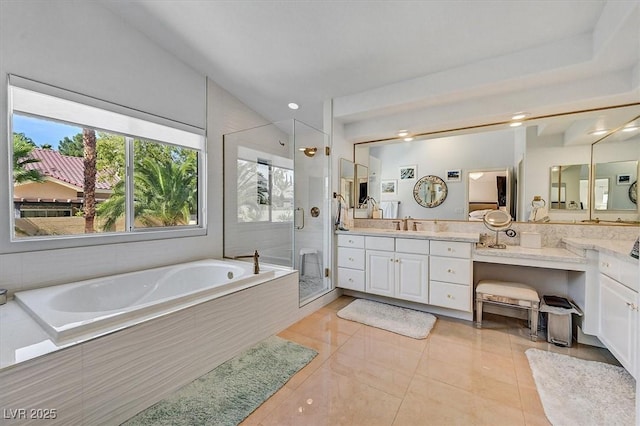 2021 Waterbury Ln, Las Vegas, NV 89134 - bathroom with a stall shower, a bath, vanity, and tile patterned flooring