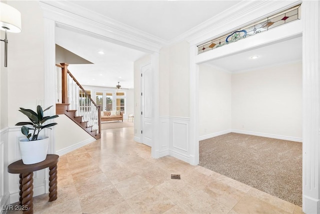 2477 Adobe Wells Dr, Logandale, NV 89021 - carpeted entrance foyer with stairs, crown molding, and recessed lighting
