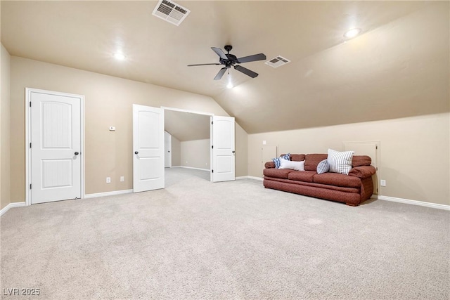 2477 Adobe Wells Dr, Logandale, NV 89021 - sitting room featuring ceiling fan, lofted ceiling, light carpet, and recessed lighting