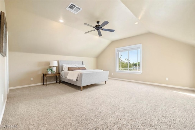 2477 Adobe Wells Dr, Logandale, NV 89021 - bedroom featuring light carpet, vaulted ceiling, a ceiling fan, and recessed lighting