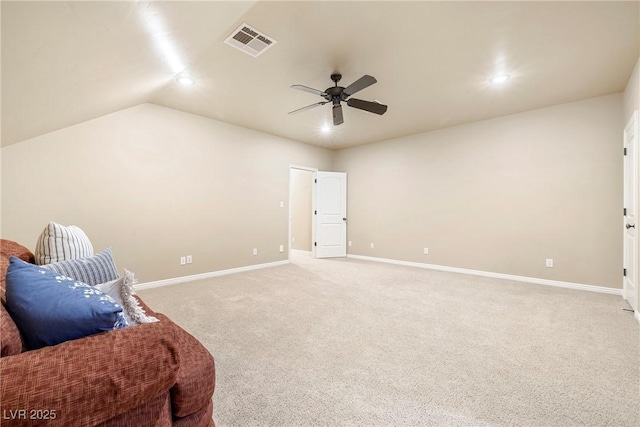 2477 Adobe Wells Dr, Logandale, NV 89021 - unfurnished room featuring a ceiling fan, light colored carpet, recessed lighting, and vaulted ceiling