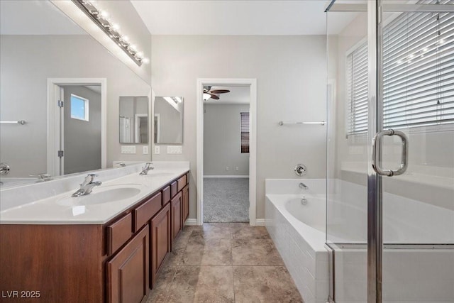 924 Crescent Falls St, Henderson, NV 89011 - bathroom with a bath, double vanity, a ceiling fan, and an enclosed shower