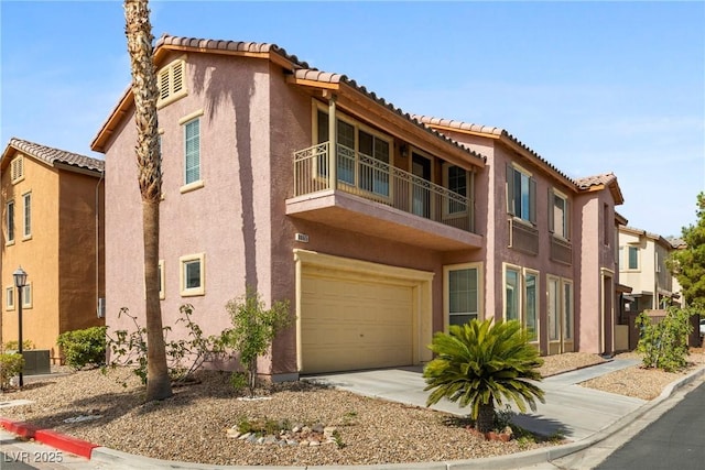 8065 Retriever Ave, Las Vegas, NV 89147 - view of front facade with a balcony, a tile roof, a garage, and stucco siding