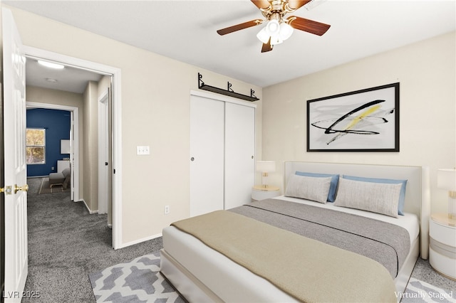 6044 Seneca Springs St, Las Vegas, NV 89130 - bedroom featuring carpet, a closet, and ceiling fan