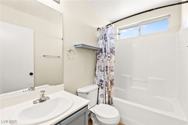 6044 Seneca Springs St, Las Vegas, NV 89130 - full bathroom with vanity, shower / bathtub combination with curtain, and a textured wall