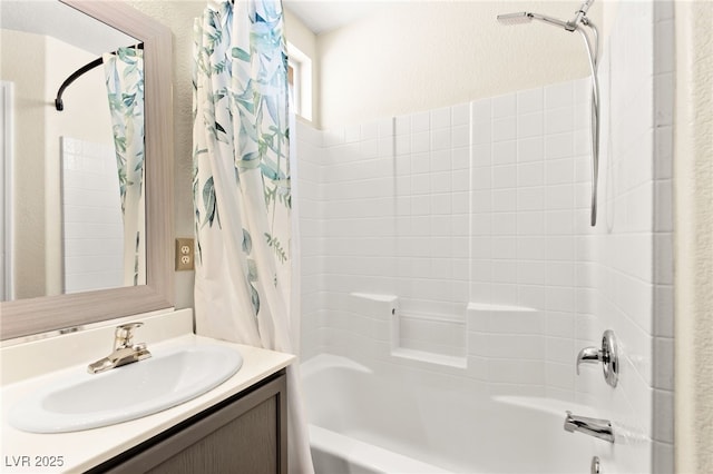 6044 Seneca Springs St, Las Vegas, NV 89130 - full bath with shower / bath combo with shower curtain, vanity, and a textured wall