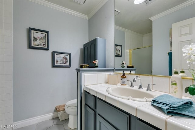 1939 Guinn Dr, Henderson, NV 89074 - full bath featuring vanity, tile patterned flooring, ornamental molding, and a shower