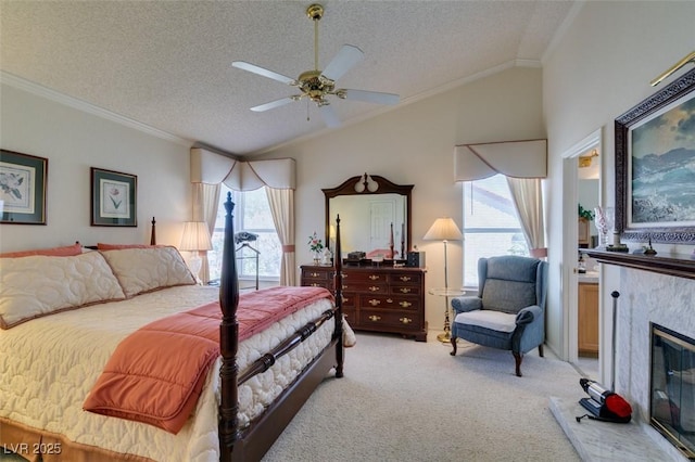 1939 Guinn Dr, Henderson, NV 89074 - bedroom with crown molding, a textured ceiling, vaulted ceiling, light carpet, and multiple windows