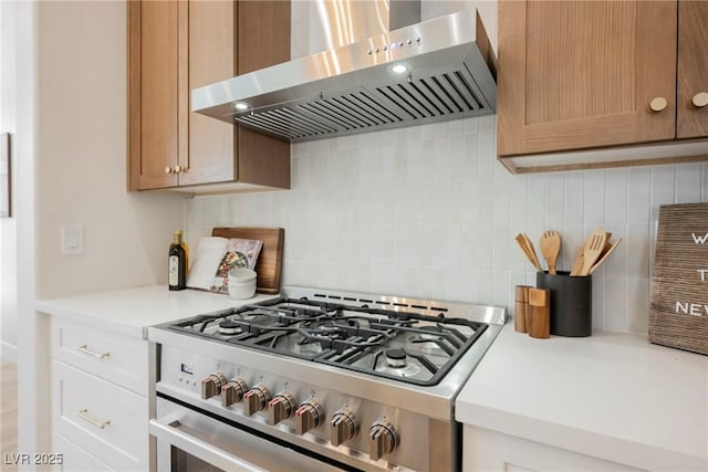 4065 Genoa Dr, Las Vegas, NV 89141 - kitchen with range hood, high end stainless steel range oven, decorative backsplash, and light countertops