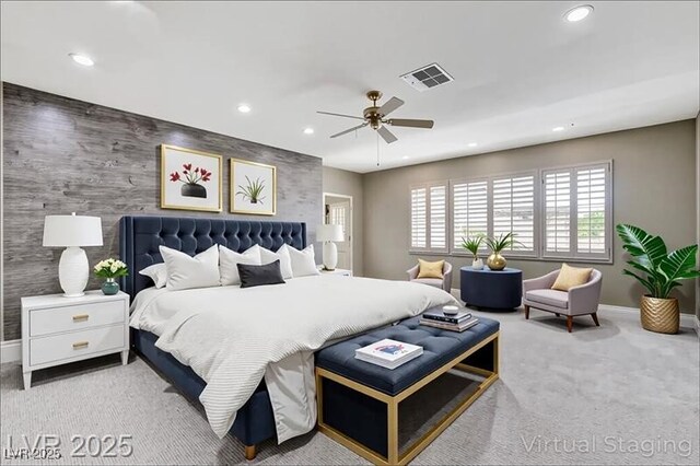 8113 Gothic Ave, Las Vegas, NV 89117 - bedroom with recessed lighting, light colored carpet, and a ceiling fan