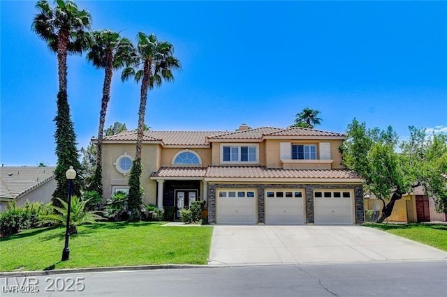 8113 Gothic Ave, Las Vegas, NV 89117 - mediterranean / spanish home featuring driveway, a front yard, stone siding, stucco siding, and a garage