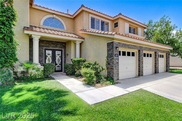 8113 Gothic Ave, Las Vegas, NV 89117 - mediterranean / spanish-style house with stone siding, a garage, concrete driveway, and stucco siding
