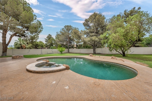 7045 Edna Ave, Las Vegas, NV 89117 - view of pool with a fire pit, a fenced backyard, a pool with connected hot tub, and a patio area