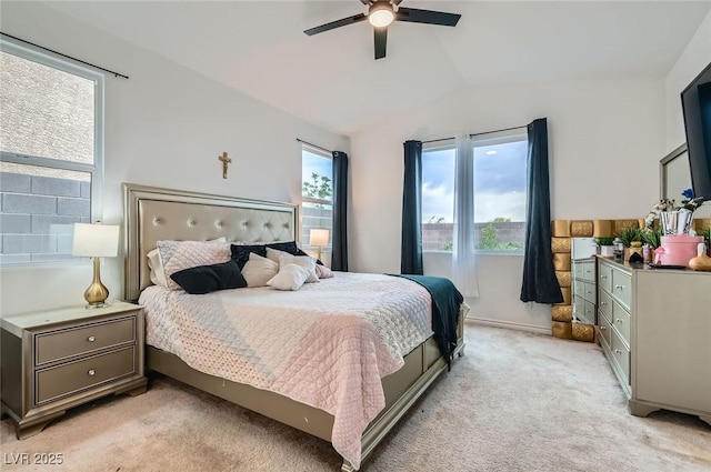 2821 Gaffer Film St, Las Vegas, NV 89156 - bedroom with lofted ceiling, light colored carpet, and a ceiling fan