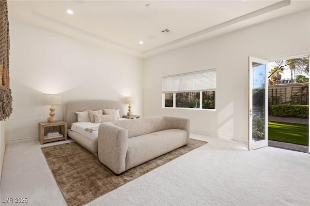 8712 Mesa Canogo Dr, Las Vegas, NV 89148 - bedroom featuring carpet floors, recessed lighting, access to outside, and a tray ceiling