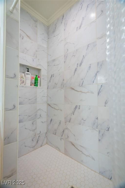 2251 Vangogh Dr, Henderson, NV 89074 - full bathroom featuring crown molding and tiled shower