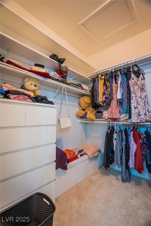 2251 Vangogh Dr, Henderson, NV 89074 - walk in closet featuring attic access and carpet flooring