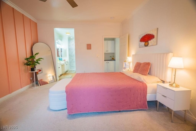 2251 Vangogh Dr, Henderson, NV 89074 - carpeted bedroom with crown molding, ensuite bath, and a ceiling fan