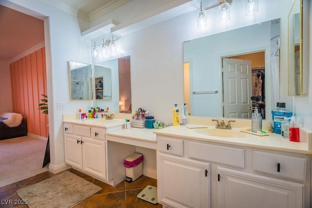 2251 Vangogh Dr, Henderson, NV 89074 - bathroom with ornamental molding, vanity, and tile patterned flooring