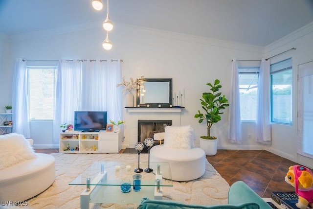 2251 Vangogh Dr, Henderson, NV 89074 - living area with a fireplace, crown molding, and lofted ceiling