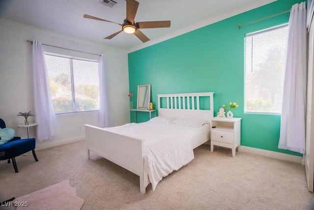 2251 Vangogh Dr, Henderson, NV 89074 - bedroom featuring ornamental molding, carpet flooring, multiple windows, and ceiling fan