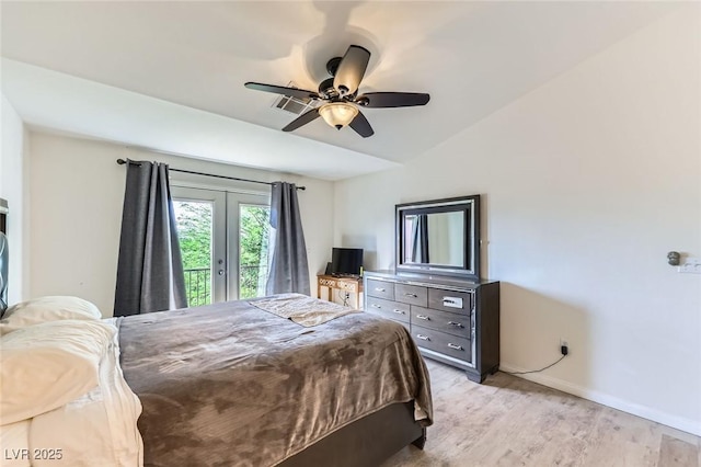 2792 Fountain Ridge Ln, Henderson, NV 89074 - bedroom with access to exterior, french doors, light wood-style flooring, and a ceiling fan
