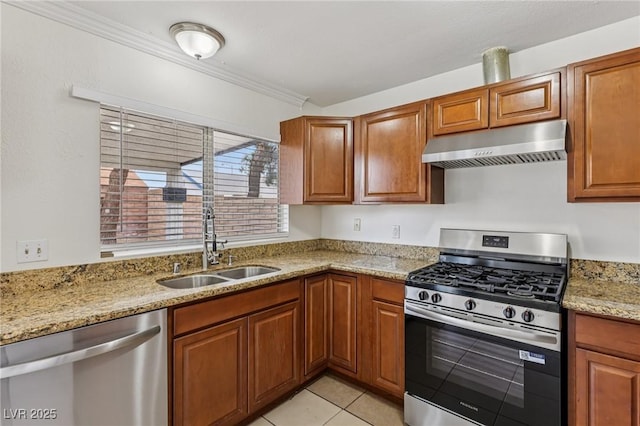 7000 Paddington Way, Las Vegas, NV 89147 - kitchen with appliances with stainless steel finishes, under cabinet range hood, brown cabinetry, and crown molding