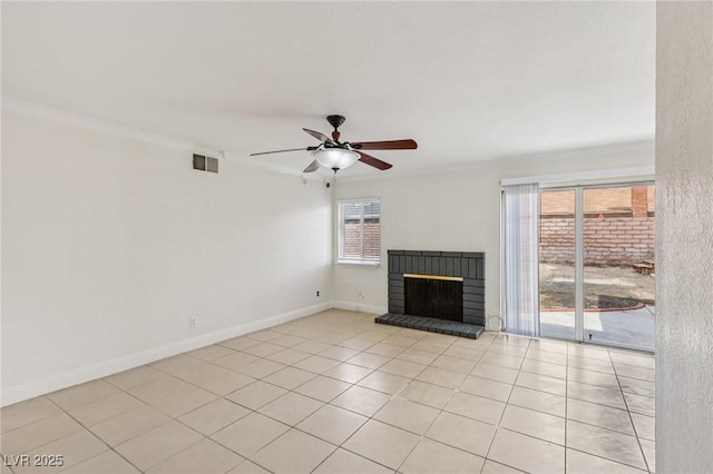 7000 Paddington Way, Las Vegas, NV 89147 - unfurnished living room with a fireplace, a ceiling fan, light tile patterned floors, and ornamental molding