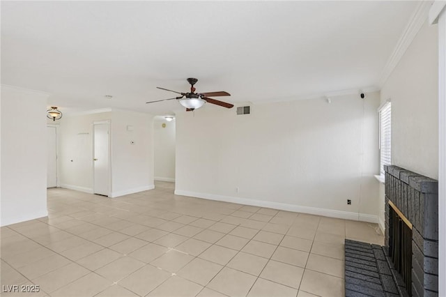 7000 Paddington Way, Las Vegas, NV 89147 - unfurnished living room featuring ornamental molding, ceiling fan, a fireplace, and light tile patterned floors