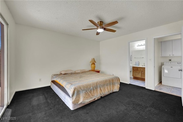 1676 Divinity St, Las Vegas, NV 89142 - carpeted bedroom with washer / dryer, a textured ceiling, ensuite bathroom, a ceiling fan, and tile patterned flooring