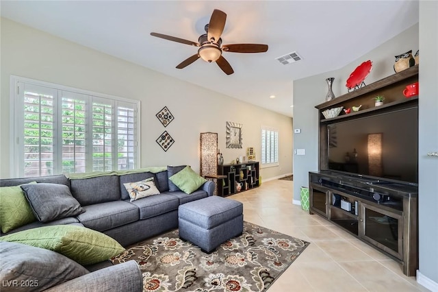 247 Integrity Ridge Dr, Henderson, NV 89052 - living area featuring light tile patterned flooring, a ceiling fan, and recessed lighting
