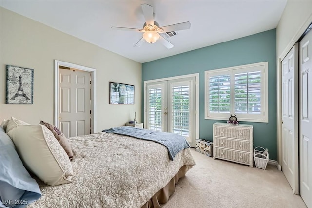 247 Integrity Ridge Dr, Henderson, NV 89052 - bedroom with access to outside, french doors, light carpet, and a ceiling fan