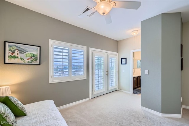 247 Integrity Ridge Dr, Henderson, NV 89052 - bedroom with access to exterior, light carpet, french doors, and ceiling fan