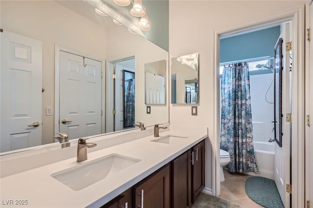 247 Integrity Ridge Dr, Henderson, NV 89052 - bathroom featuring double vanity, tile patterned flooring, and shower / bath combination with curtain