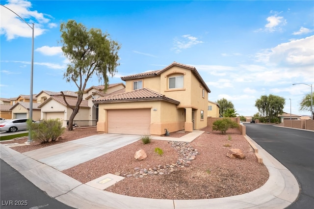 3844 Kit Fox St, Las Vegas, NV 89122 - mediterranean / spanish-style home with stucco siding, concrete driveway, a garage, a tile roof, and a residential view