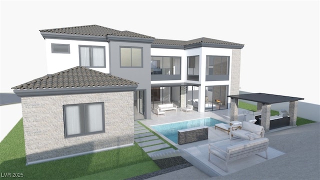 5 Rue Grimaldi Way, Henderson, NV 89011 - rear view of house with a tiled roof, a patio area, an outdoor pool, and outdoor lounge area