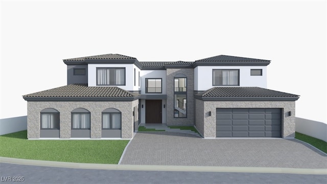 5 Rue Grimaldi Way, Henderson, NV 89011 - view of front of house featuring a tile roof, decorative driveway, stucco siding, and an attached garage