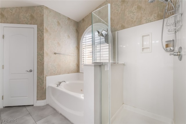 1641 Dark Wolf Ave, Las Vegas, NV 89123 - bathroom featuring wallpapered walls, a walk in shower, a bath, and tile patterned flooring