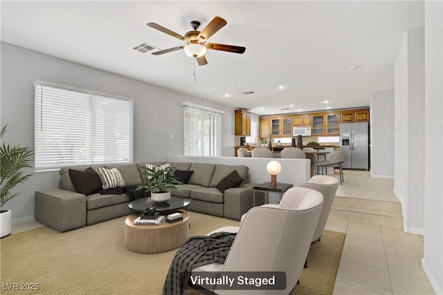 10015 Willowbrook Pond Rd, Las Vegas, NV 89148 - living room featuring ceiling fan, recessed lighting, and light tile patterned floors