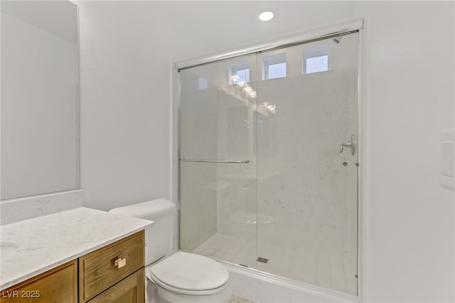 7075 Jasper Hill Way, Las Vegas, NV 89118 - bathroom with vanity, a shower stall, and recessed lighting