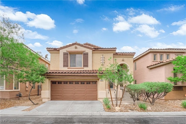 9489 Country Highlands Ct, Las Vegas, NV 89178 - mediterranean / spanish-style house featuring a garage, concrete driveway, stucco siding, and a tile roof