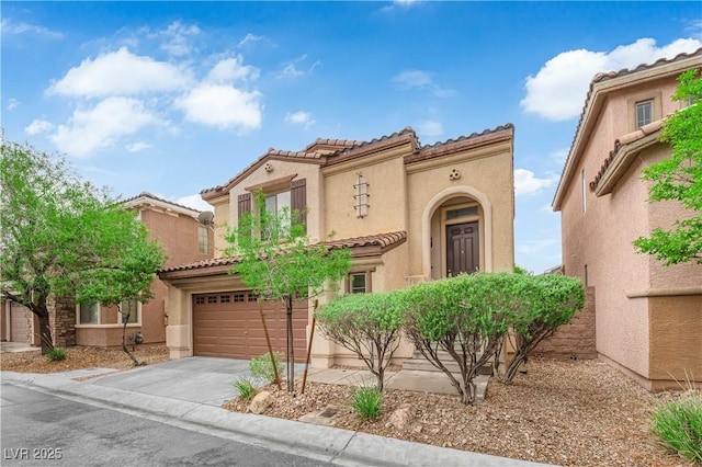 9489 Country Highlands Ct, Las Vegas, NV 89178 - mediterranean / spanish home with a tile roof, a garage, driveway, and stucco siding