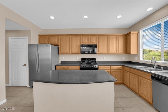 9489 Country Highlands Ct, Las Vegas, NV 89178 - kitchen featuring black appliances, light tile patterned floors, a kitchen island, dark countertops, and recessed lighting