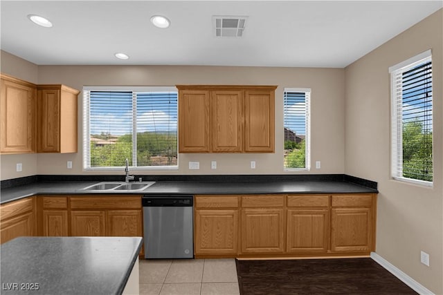 9489 Country Highlands Ct, Las Vegas, NV 89178 - kitchen featuring stainless steel dishwasher, dark countertops, and recessed lighting